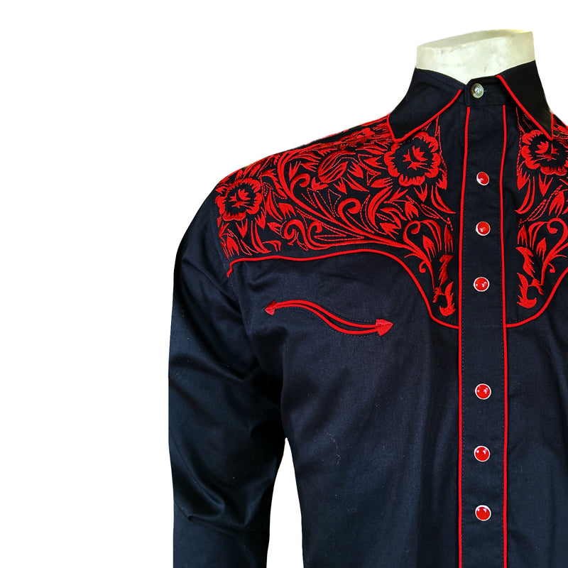 Men's Vintage Black & Red Tooling Embroidered Western Shirt