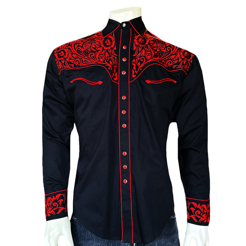 Men's Vintage Black & Red Tooling Embroidered Western Shirt