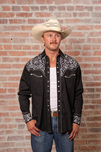 Men's Vintage Black & Silver Tooling Embroidered Western Shirt