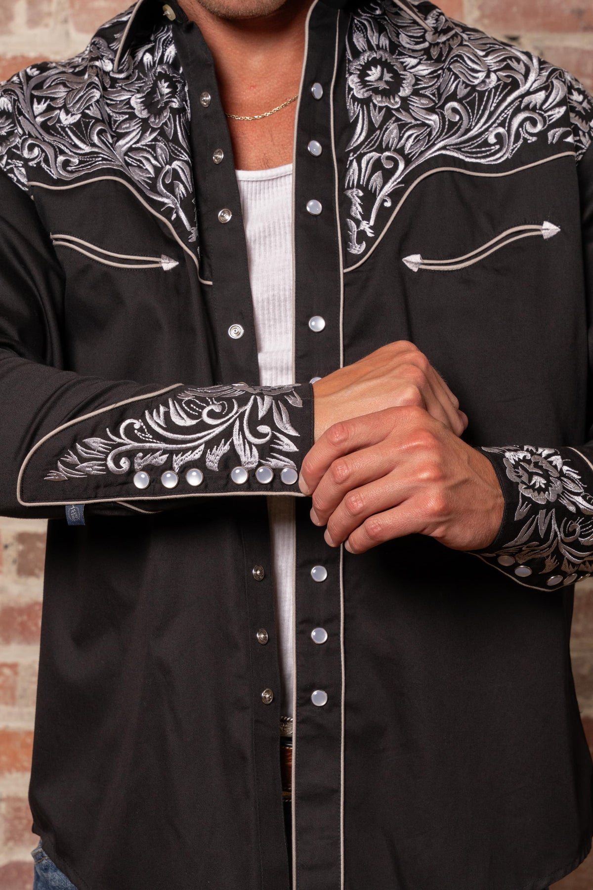Men's Vintage Black & Silver Tooling Embroidered Western Shirt