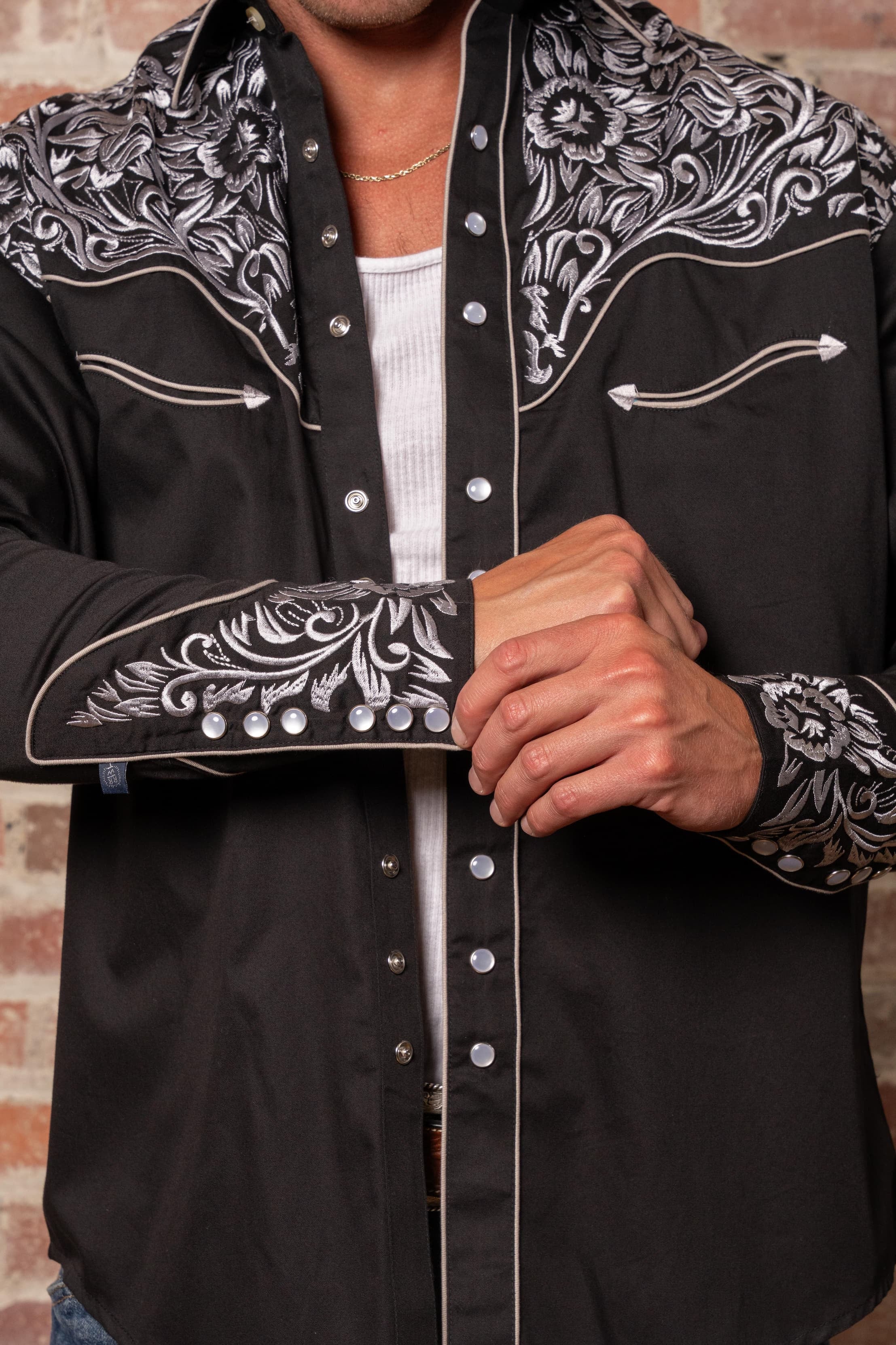 Men's Vintage Black & Silver Tooling Embroidered Western Shirt