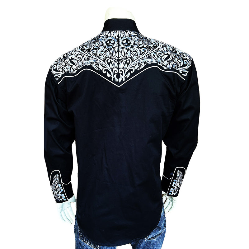 Men's Vintage Black & Silver Tooling Embroidered Western Shirt