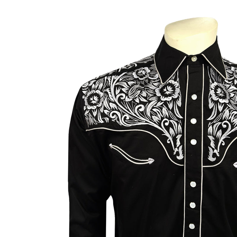 Men's Vintage Black & Silver Tooling Embroidered Western Shirt
