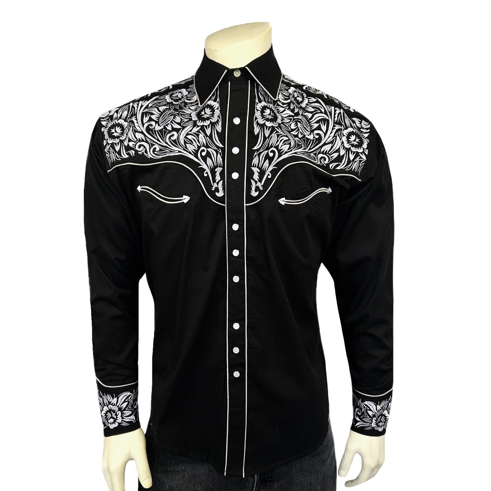 Men's Vintage Black & Silver Tooling Embroidered Western Shirt