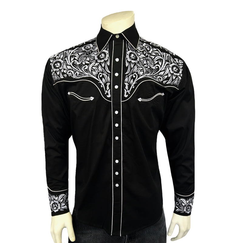 Men's Vintage Black & Silver Tooling Embroidered Western Shirt