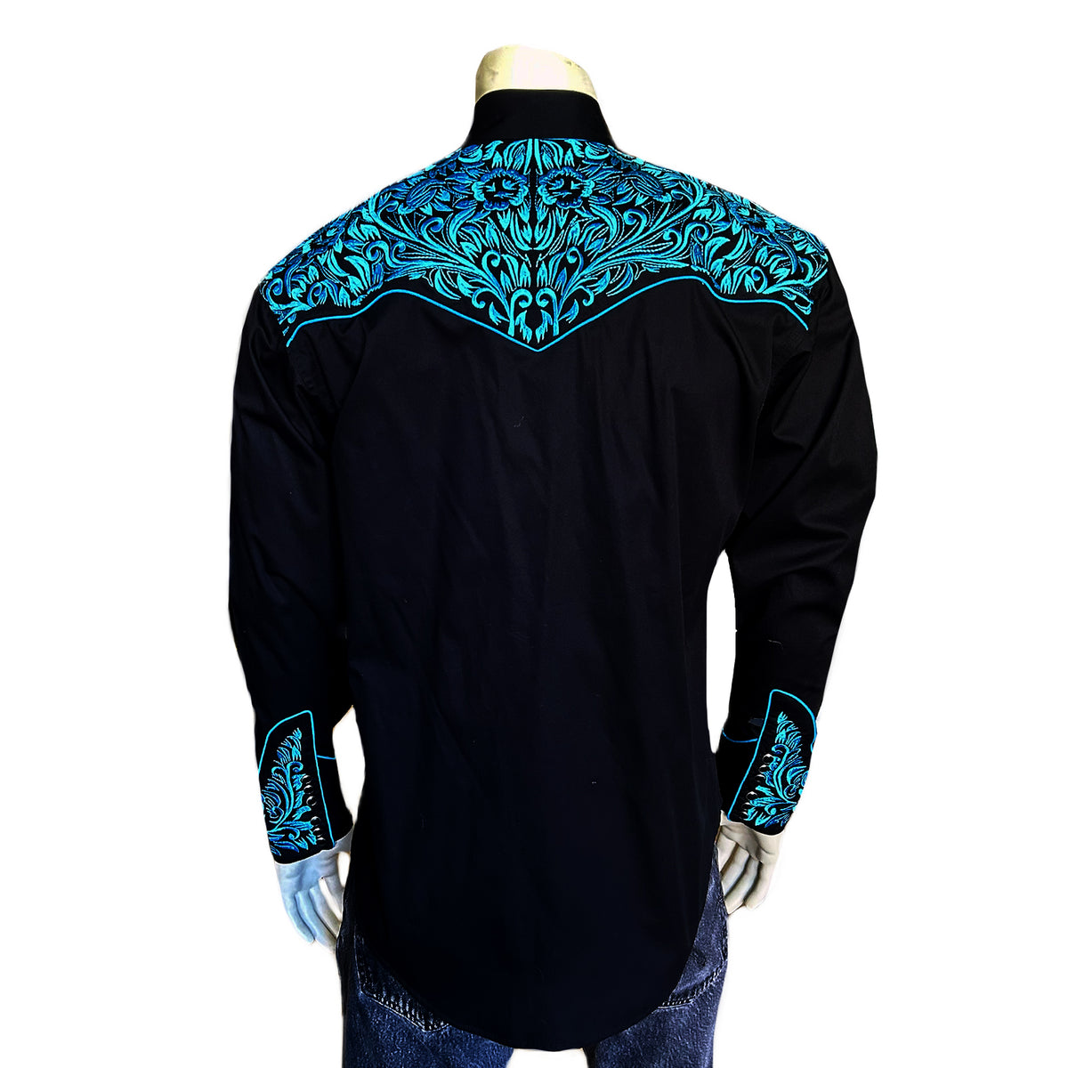 Men's Vintage Black & Turquoise Tooling Embroidered Western Shirt