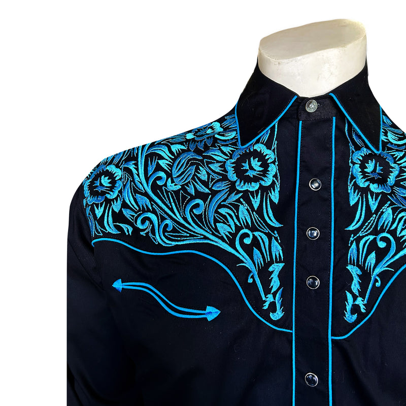 Men's Vintage Black & Turquoise Tooling Embroidered Western Shirt