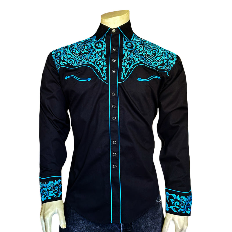 Men's Vintage Black & Turquoise Tooling Embroidered Western Shirt