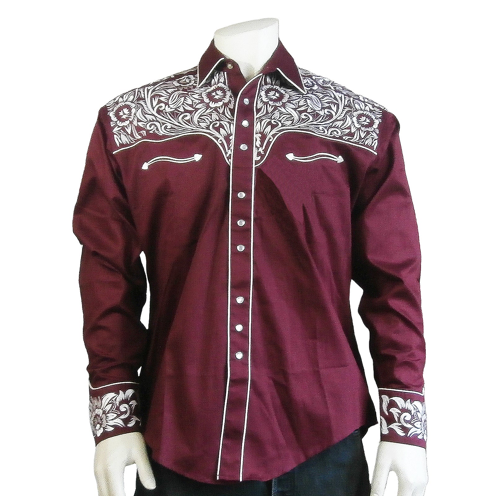 Men's Vintage Tooling Embroidered Burgundy & Silver Western Shirt
