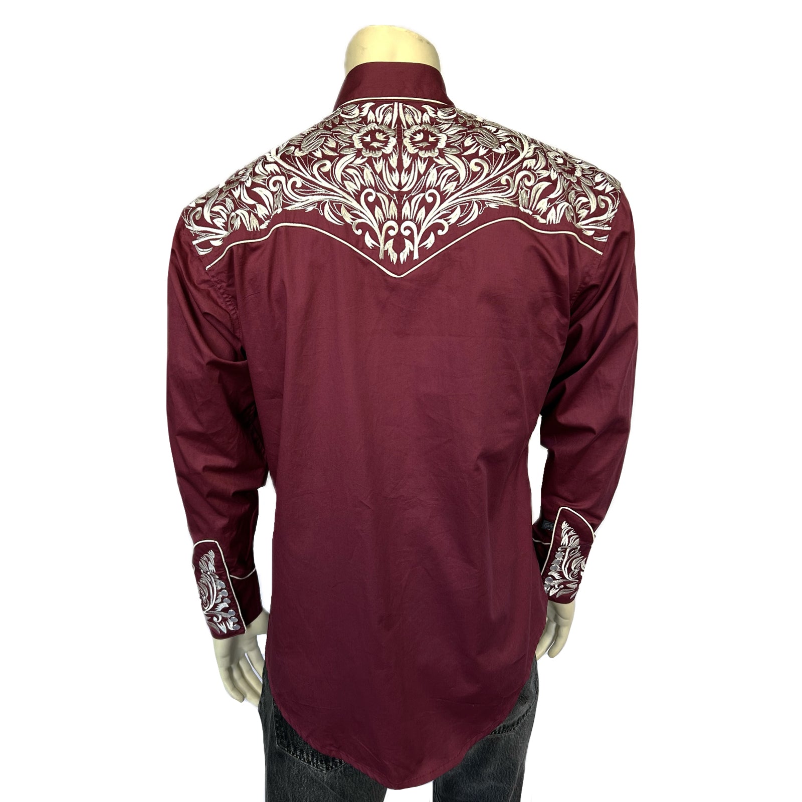 Men's Vintage Burgundy & Silver Tooling Embroidered Western Shirt