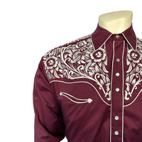 Men's Vintage Tooling Embroidered Burgundy & Silver Western Shirt