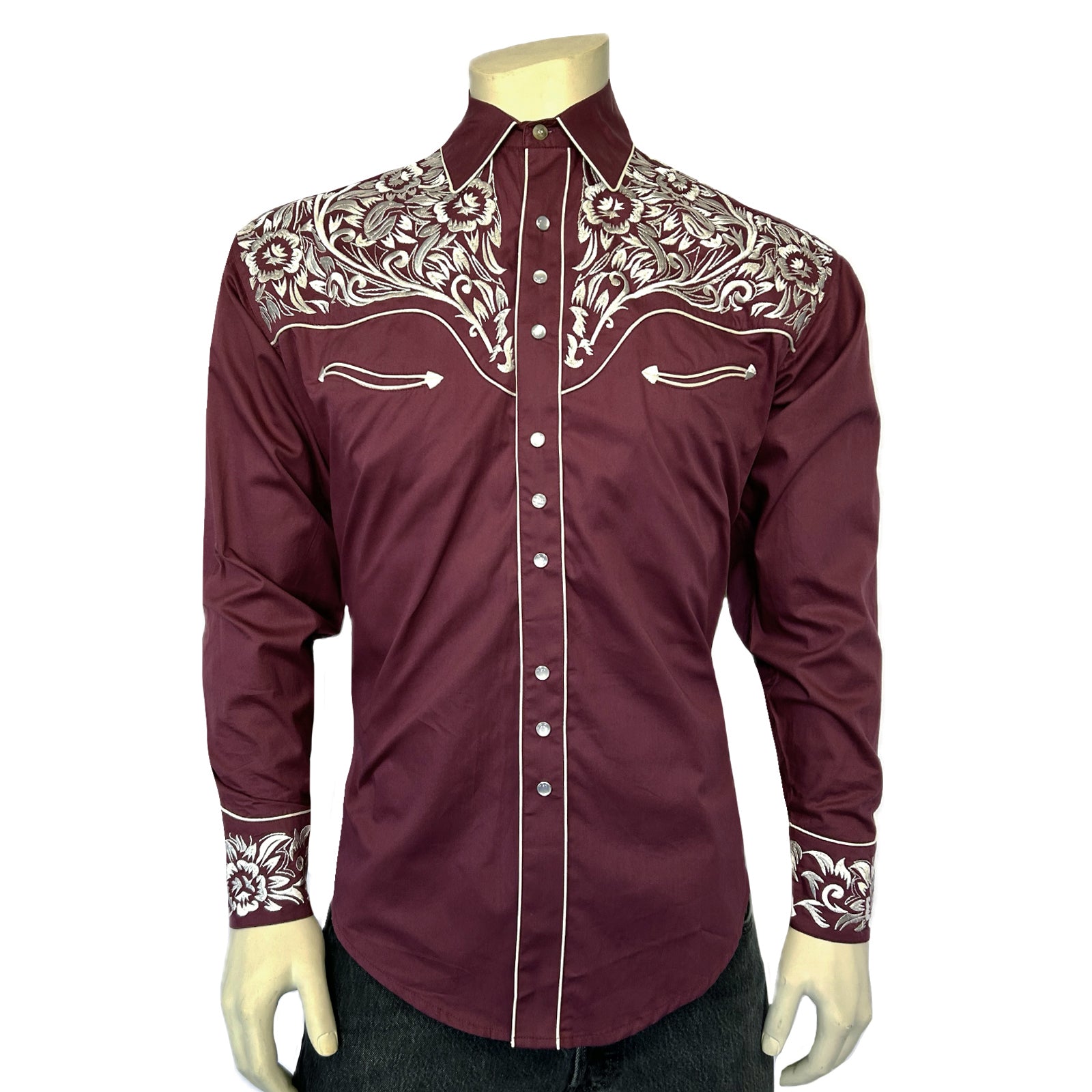 Men's Vintage Burgundy & Silver Tooling Embroidered Western Shirt