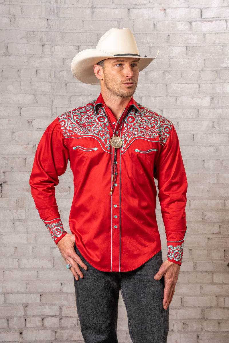 Men's Vintage Coral & Turquoise Tooling Embroidered Western Shirt