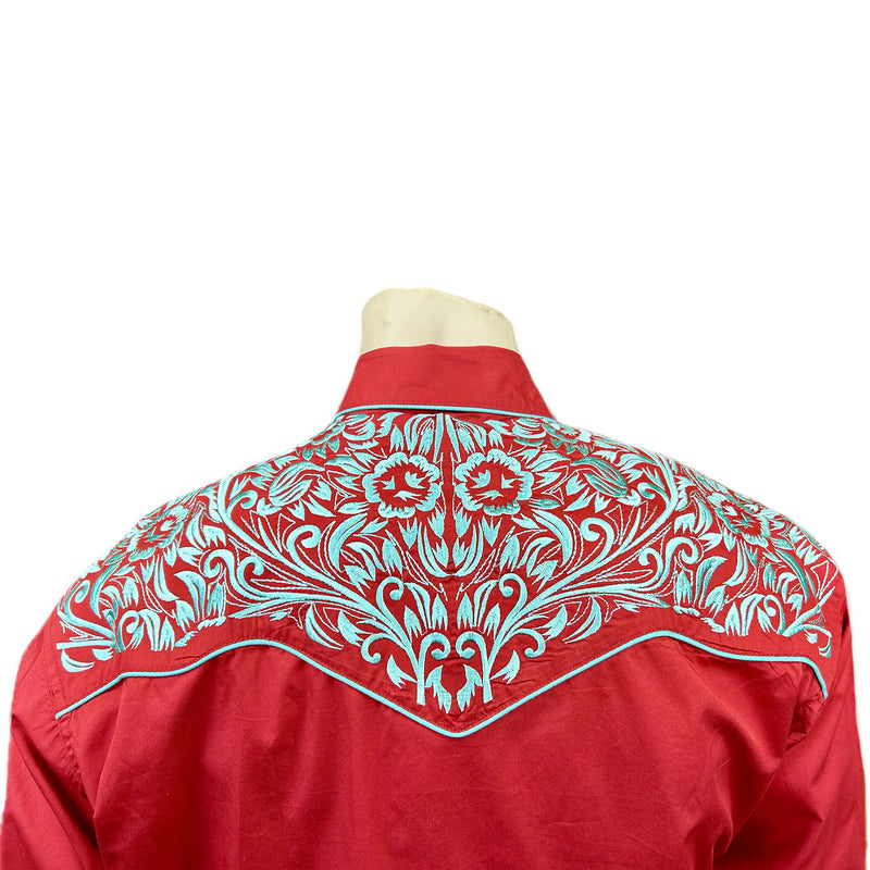 Men's Vintage Tooling Embroidered Coral & Turquoise Western Shirt