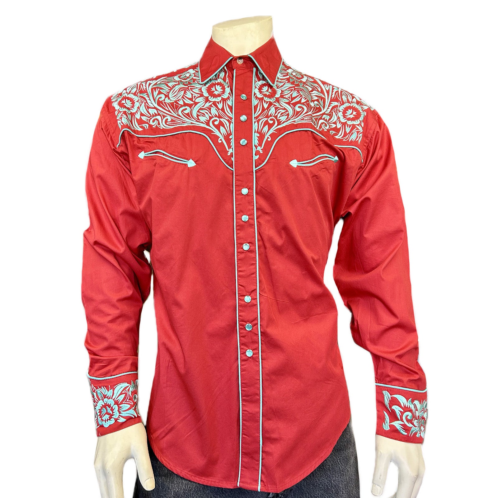 Men's Vintage Tooling Embroidered Coral & Turquoise Western Shirt