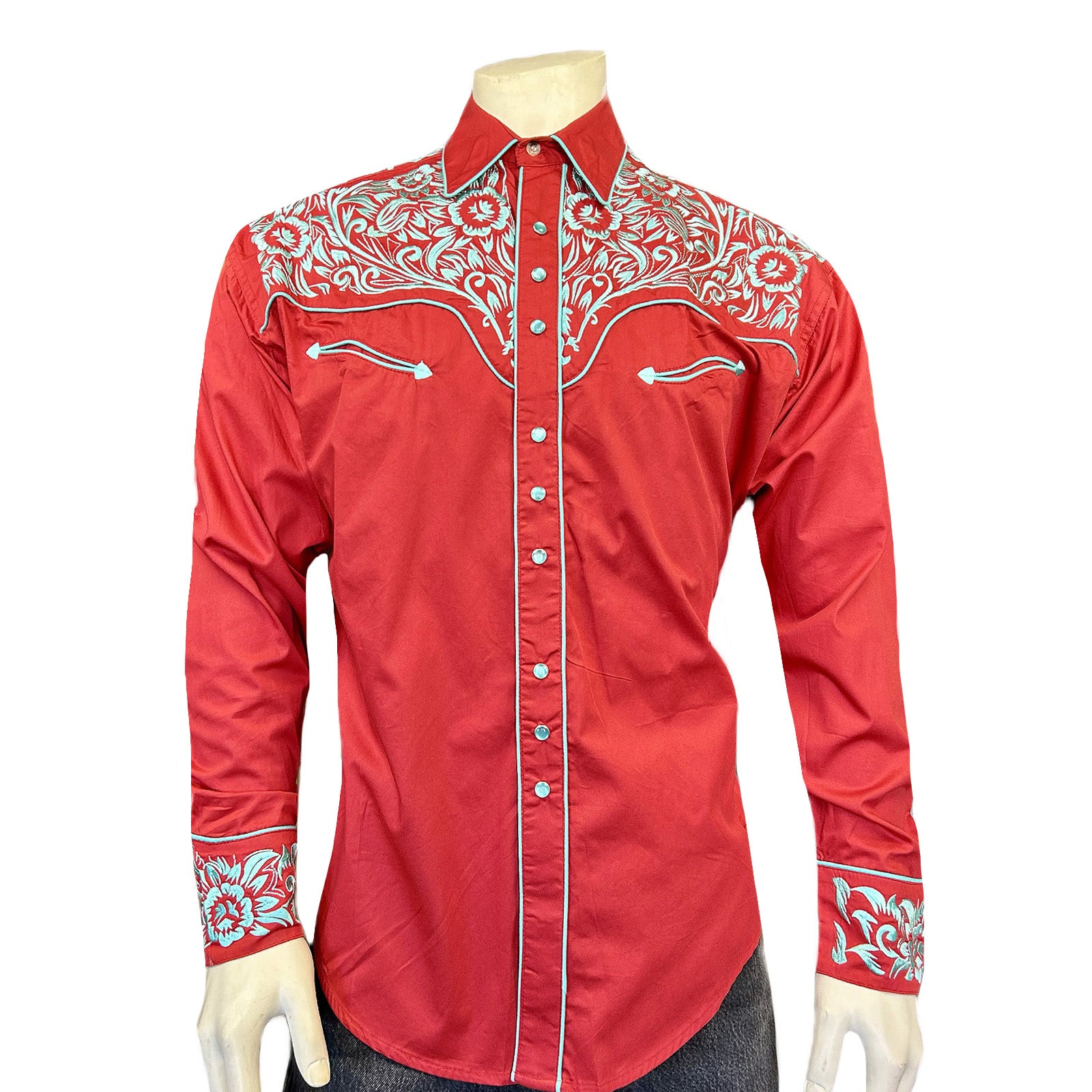 Men's Vintage Coral & Turquoise Tooling Embroidered Western Shirt