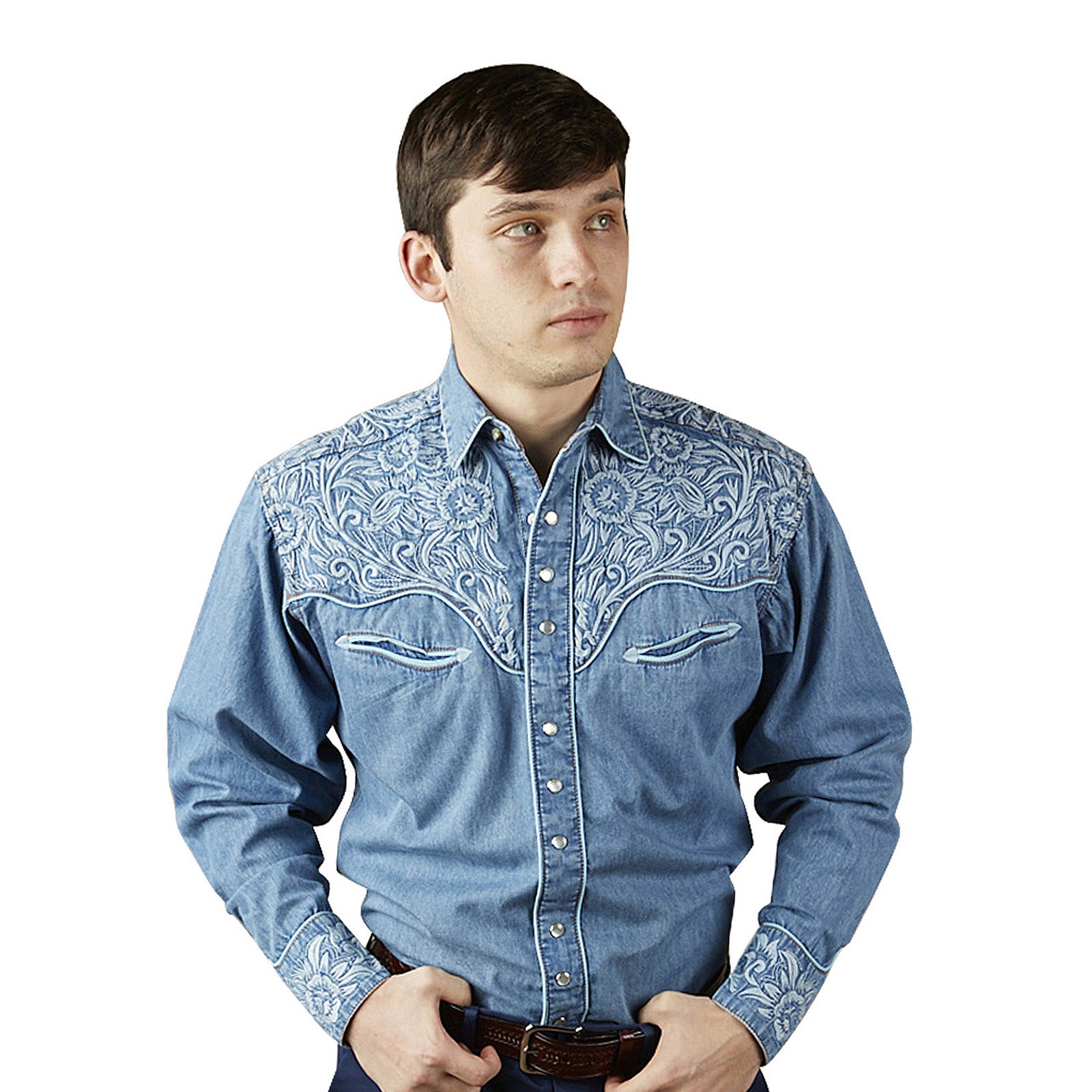 Men's Vintage Tooling Embroidered Denim & Blue Western Shirt