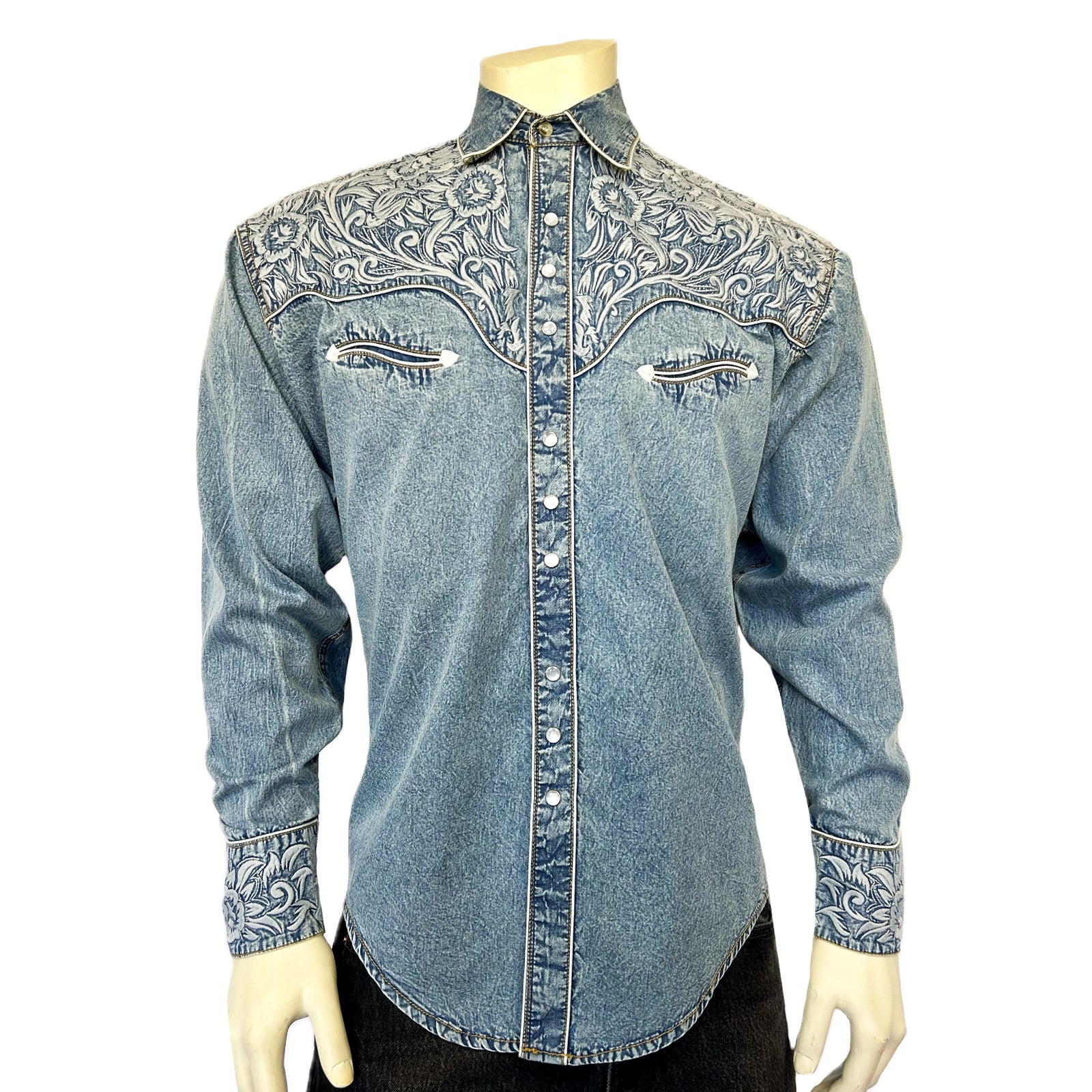 Men's Vintage Tooling Embroidered Denim & Blue Western Shirt