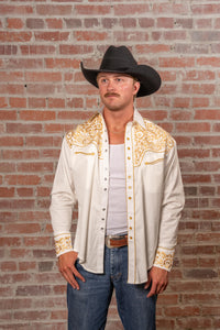 Men's Vintage Ivory and Gold Tooling Embroidered Western Shirt