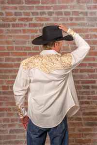 Men's Vintage Ivory and Gold Tooling Embroidered Western Shirt