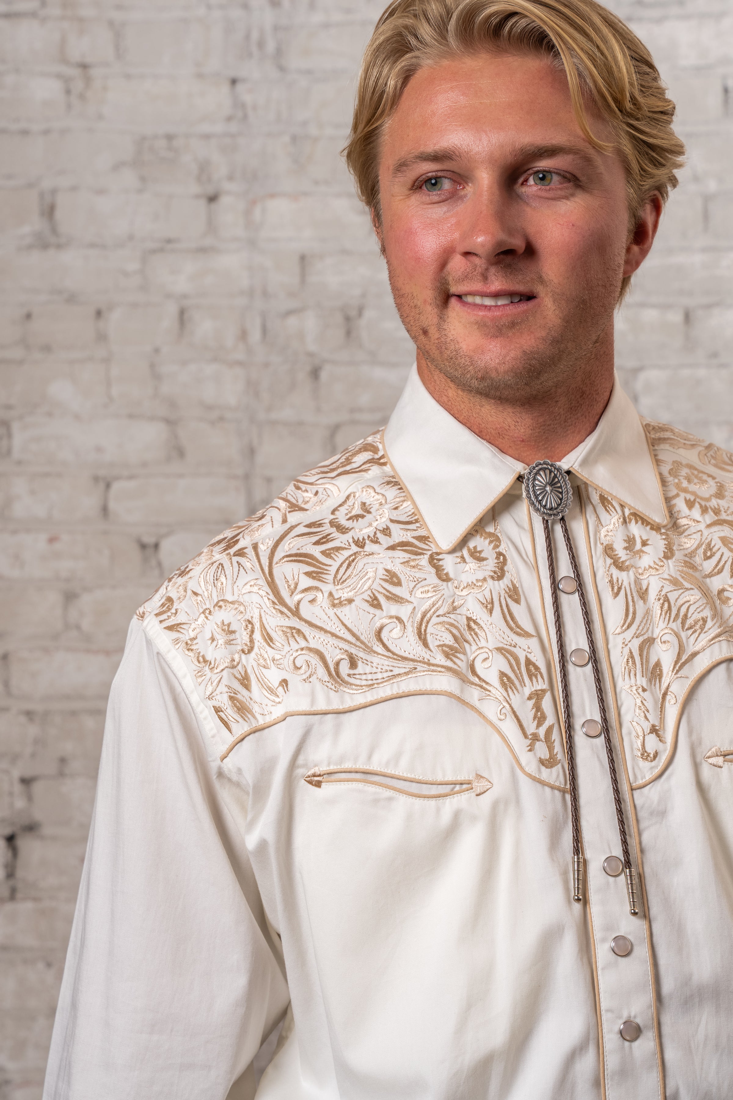 mens ivory western dress shirt Rockmount 6874 Mens Gabardine Warbonnet Embroidery Western Shirt Ivory J.C. Western Wear