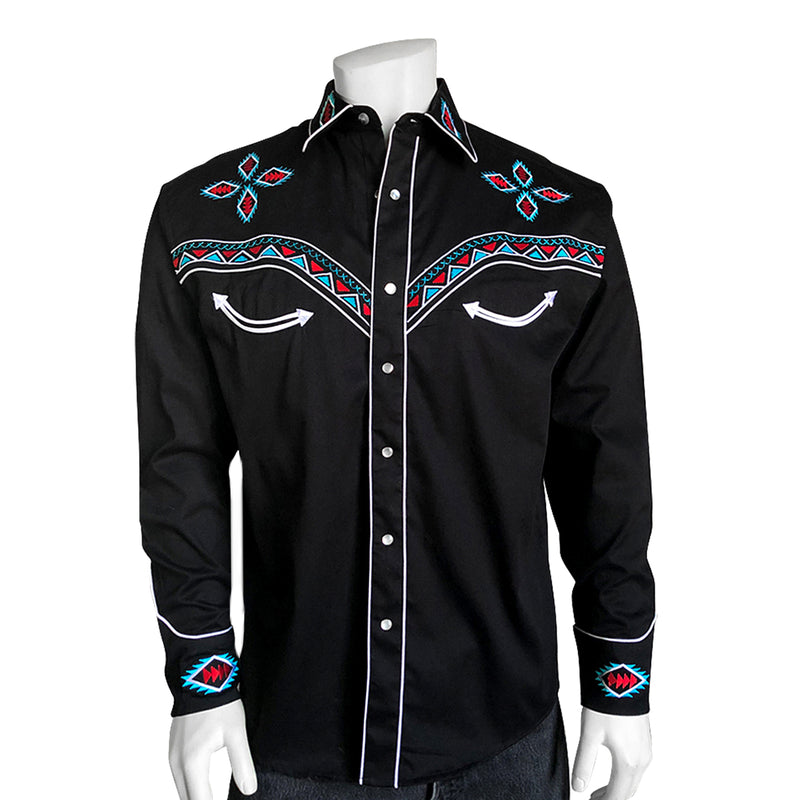 Men's Native Pattern Embroidery Black Western Shirt