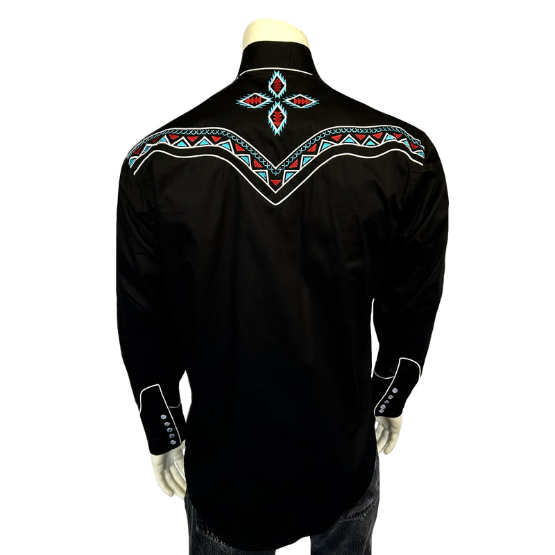 Men's Native Pattern Embroidery Black Western Shirt