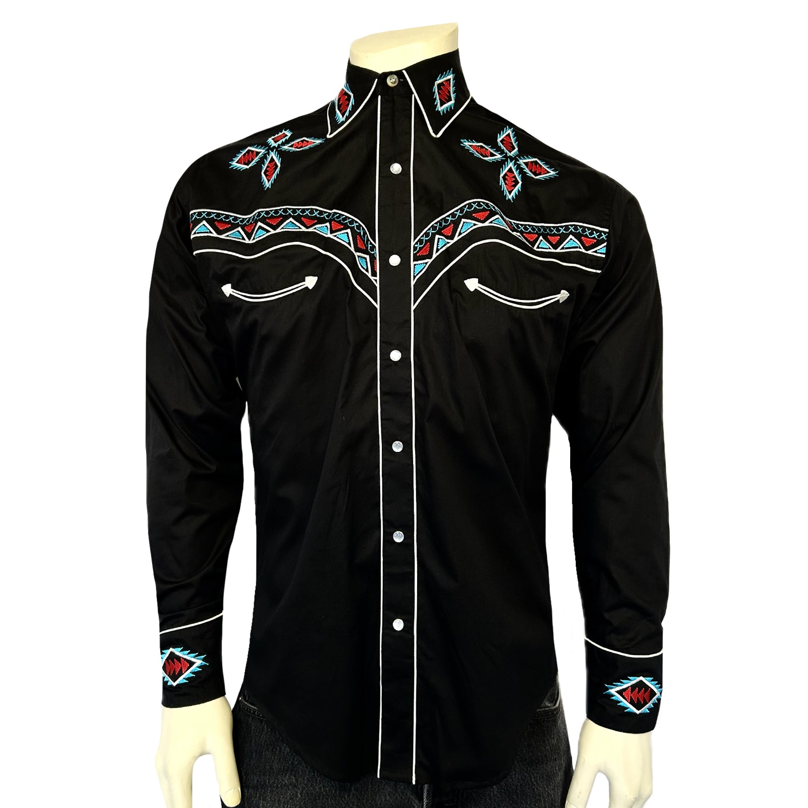 Men's Black Native Pattern Embroidered Western Shirt