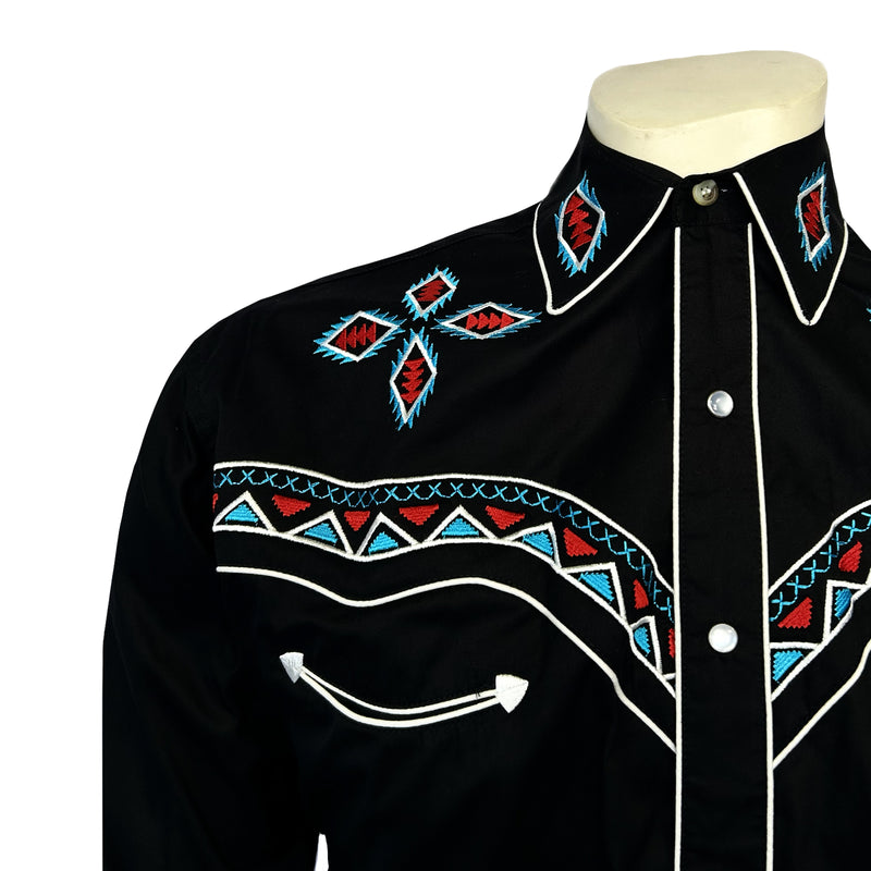 Men's Black Native Pattern Embroidered Western Shirt