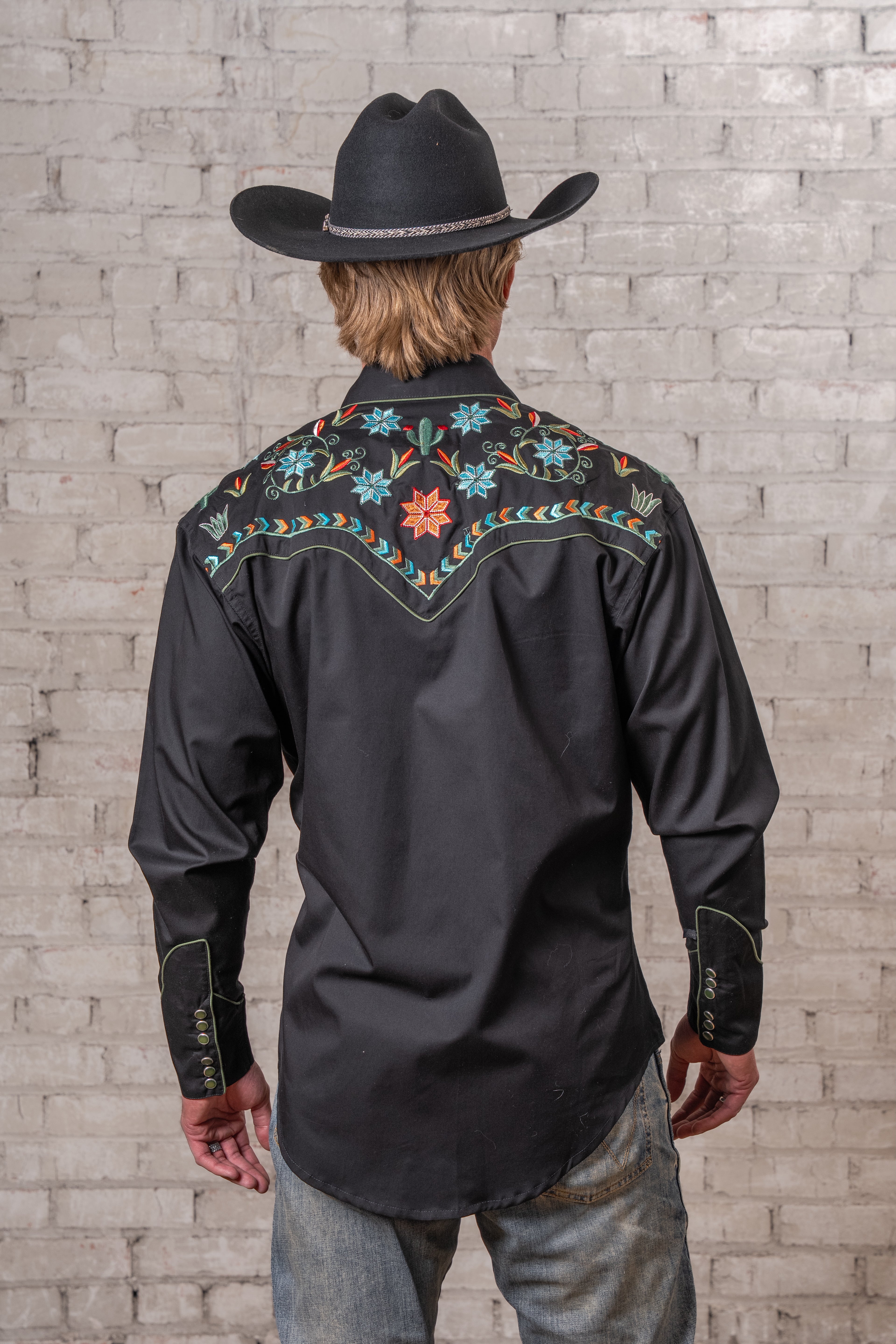 ジィ ヒステリック トリプルエックス スカルフラワーウエスタンシャツ 長袖 M Rockmount Men's Black Agave Cactus Floral Embroidery Western Shirt