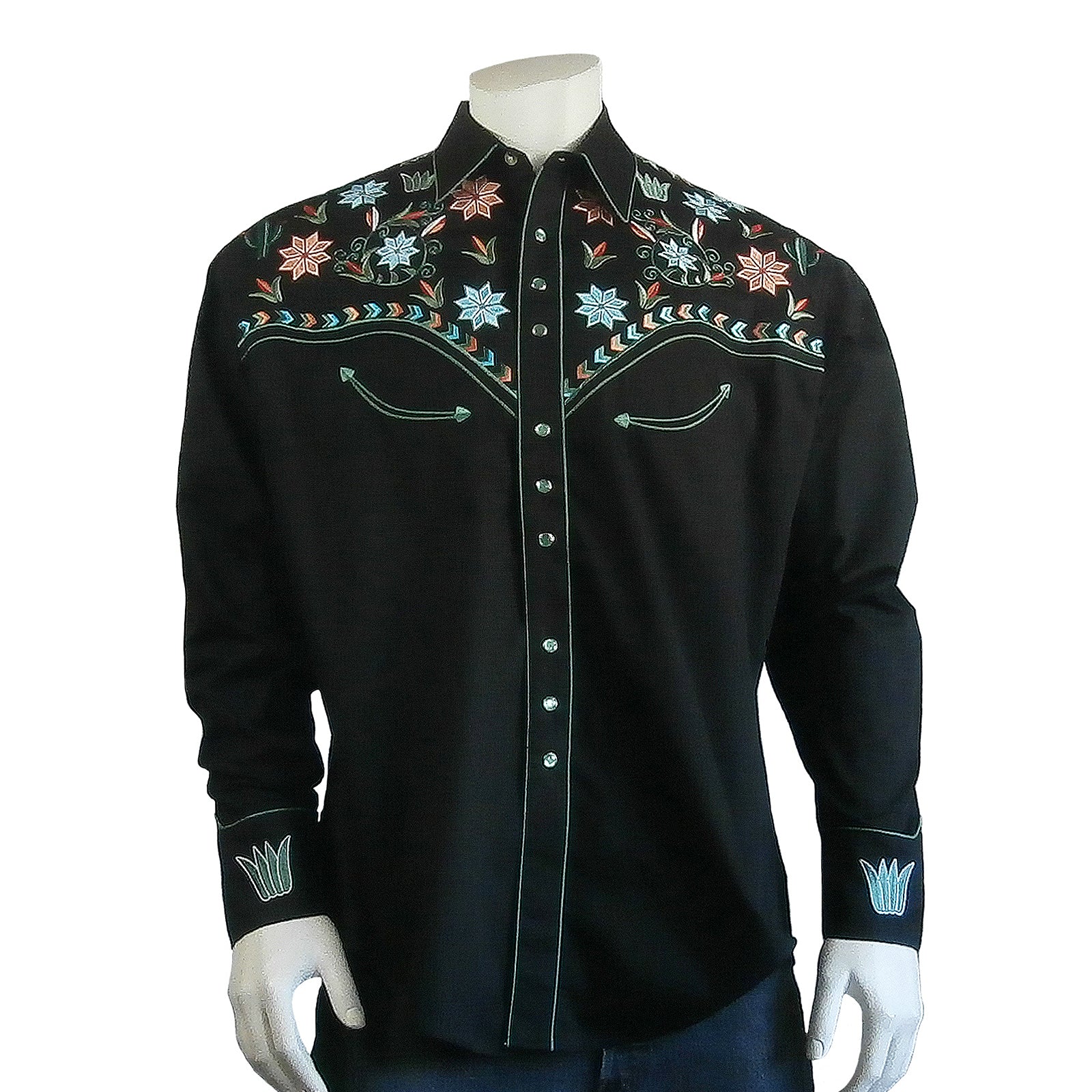 Men’s Agave Cactus Black Floral Embroidery Western Shirt