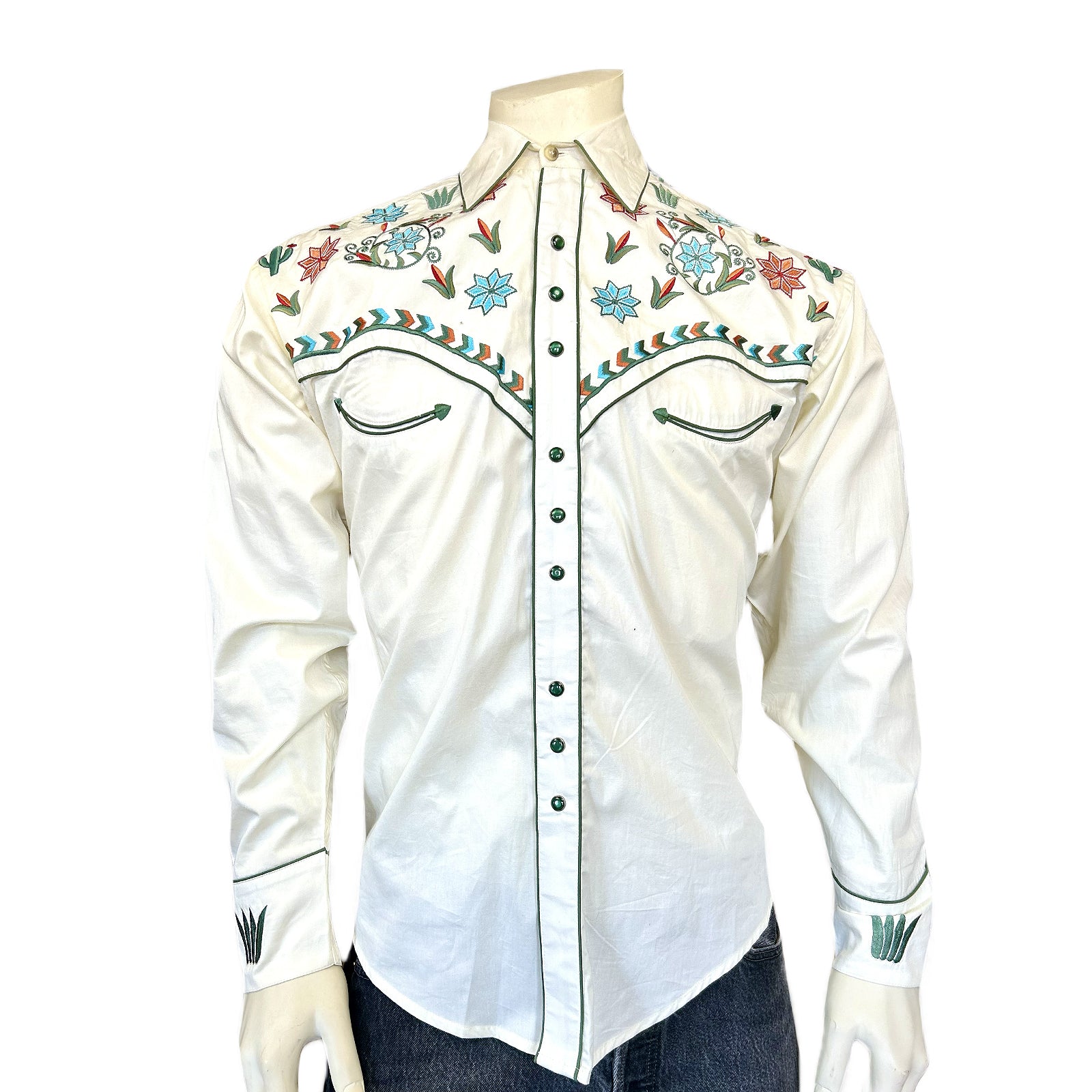Mens Ivory Agave Cactus Floral Embroidered Western Shirt - XL Mens Ivory Agave Cactus Floral Embroidered Western Shirt - XL