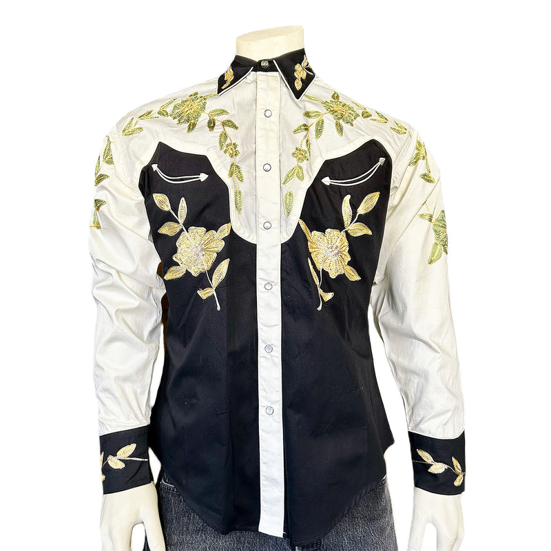 Men's Floral 2-Tone White & Black Embroidered Western Shirt