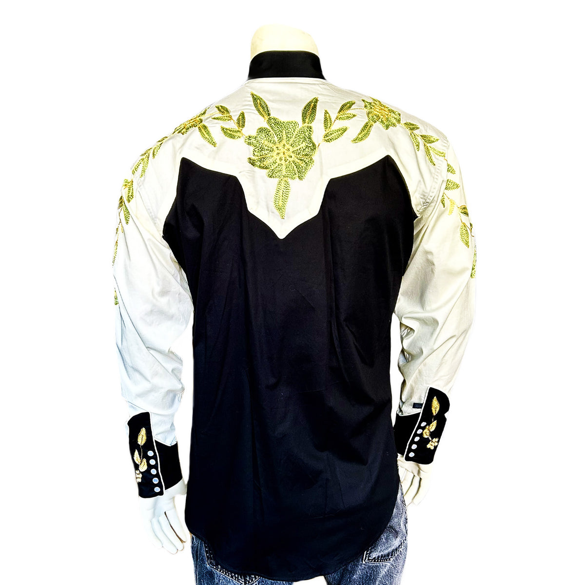 Men's Floral 2-Tone White & Black Embroidered Western Shirt