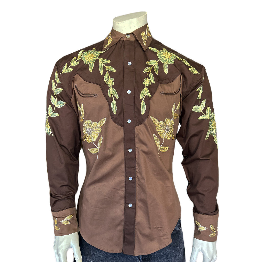 Rockmount Men's Floral 2-Tone Western Shirt in Brown & Gold