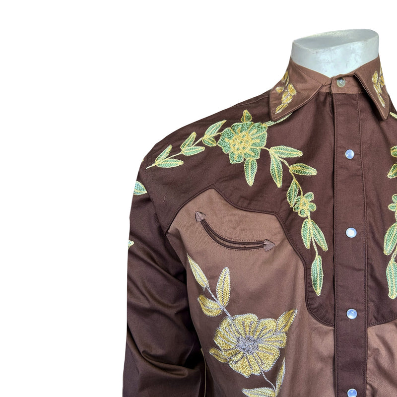 Men's Floral 2-Tone Brown & Tan Embroidered Western Shirt