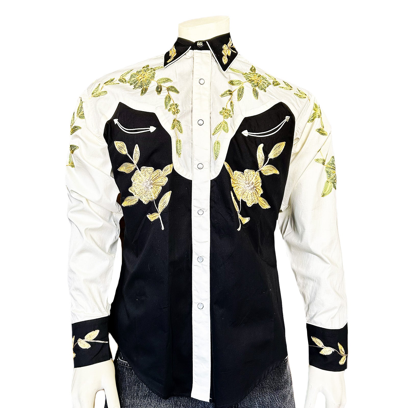 Men's Floral 2-Tone White & Black Embroidered Western Shirt