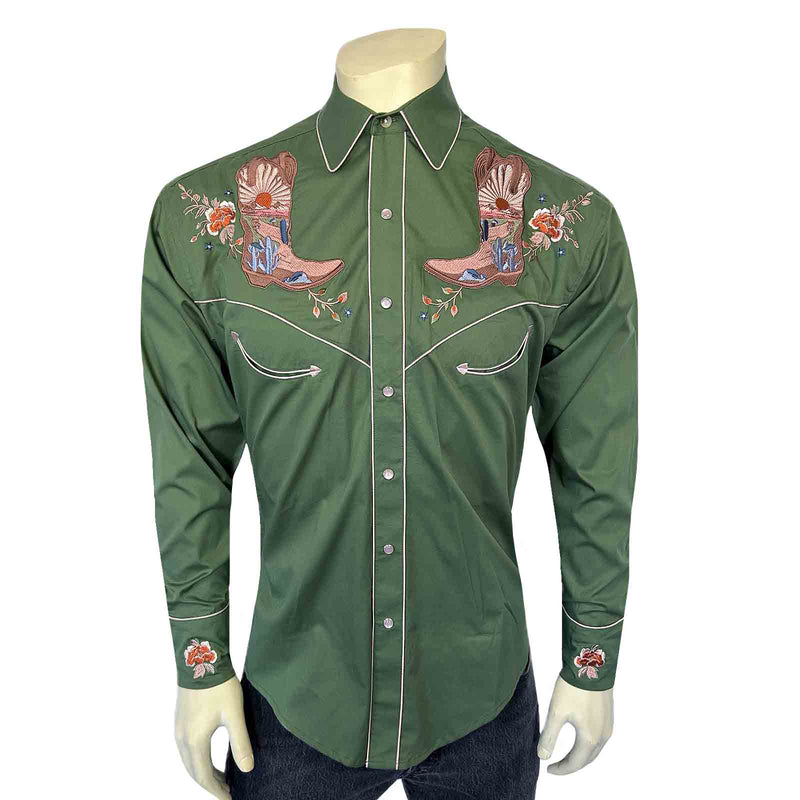 Rockmount Men's Vintage Green Boots Embroidered Western Shirt Rockmount Men's Vintage Green Boots Embroidered Western Shirt
