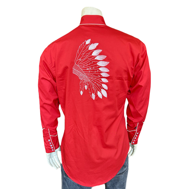 Men's Gabardine Warbonnet Embroidery Western Shirt in Red