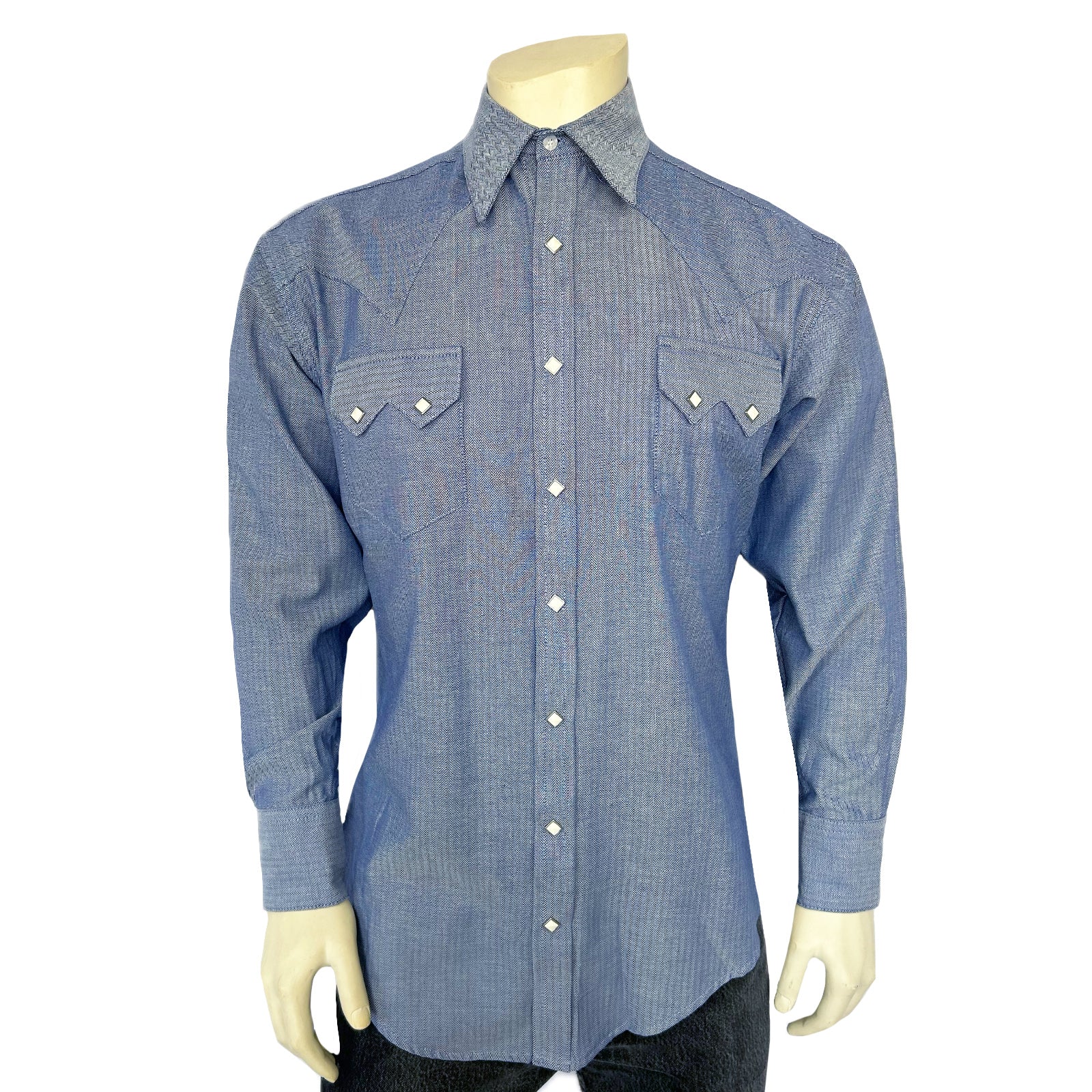 Men's Blue Pima Cotton Herringbone Western Shirt