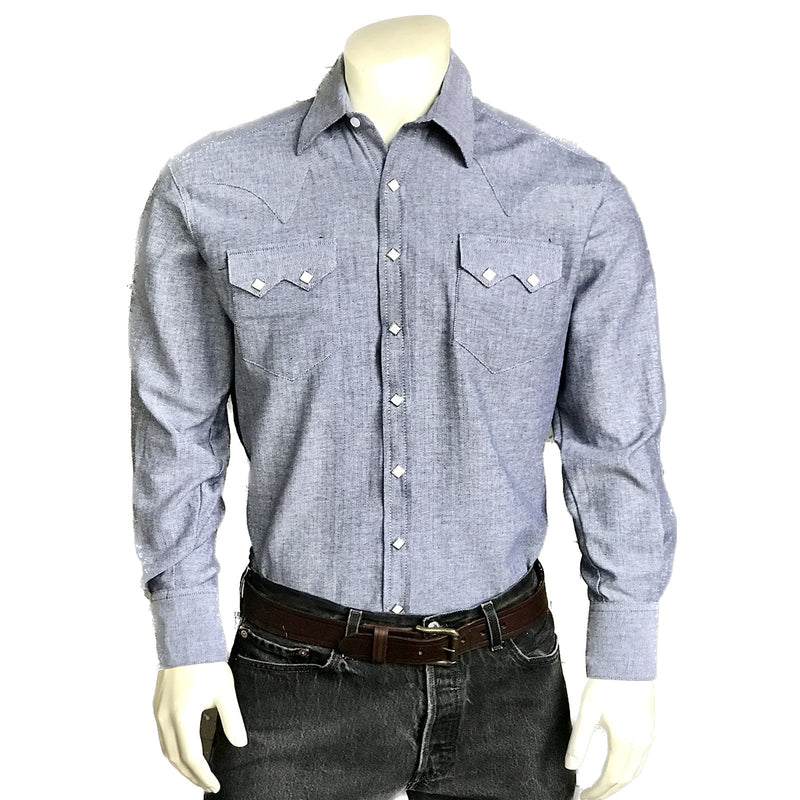 Men's Blue Pima Cotton Herringbone Western Shirt