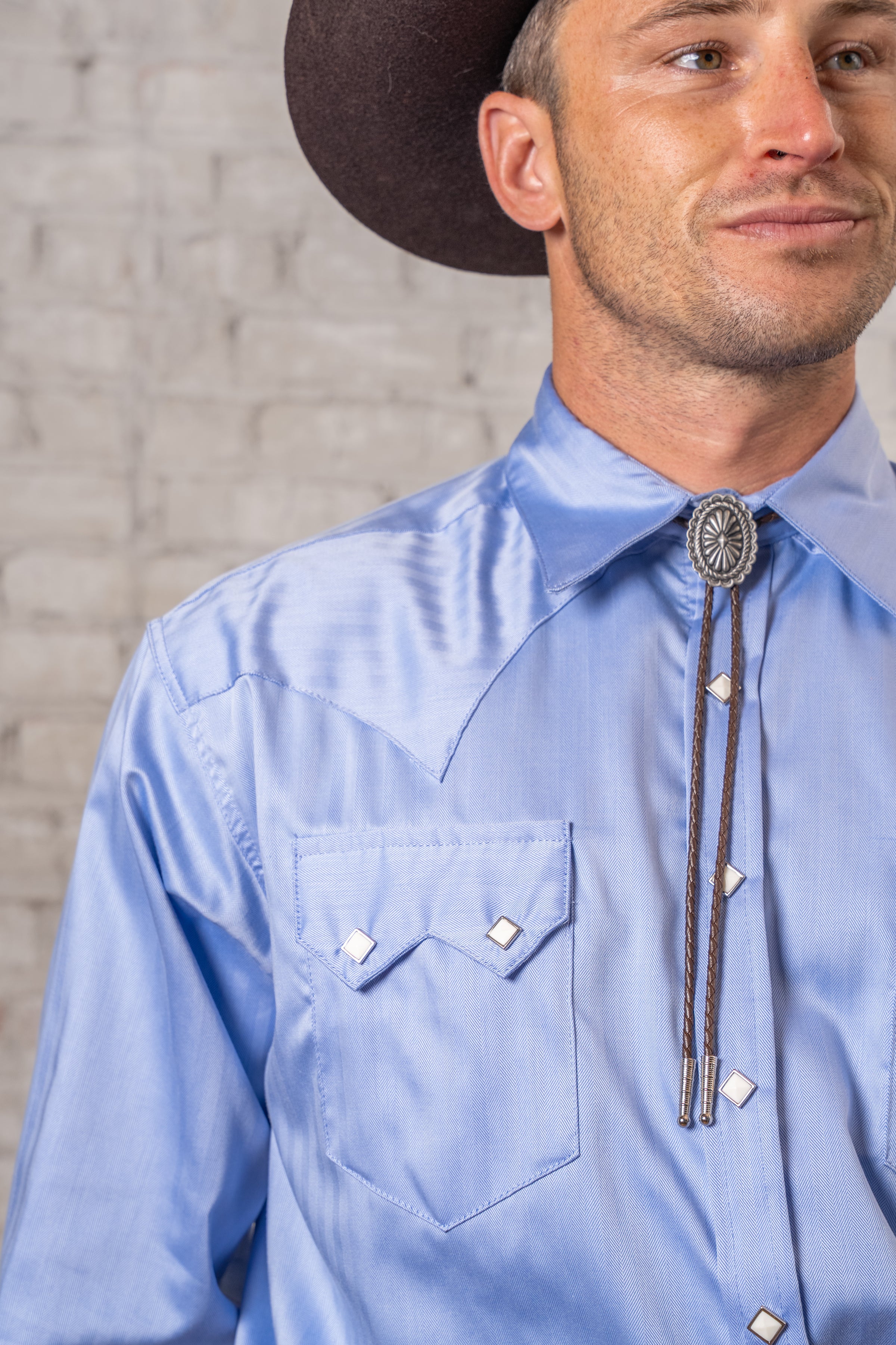 Men's Blue Pima Cotton Herringbone Western Shirt