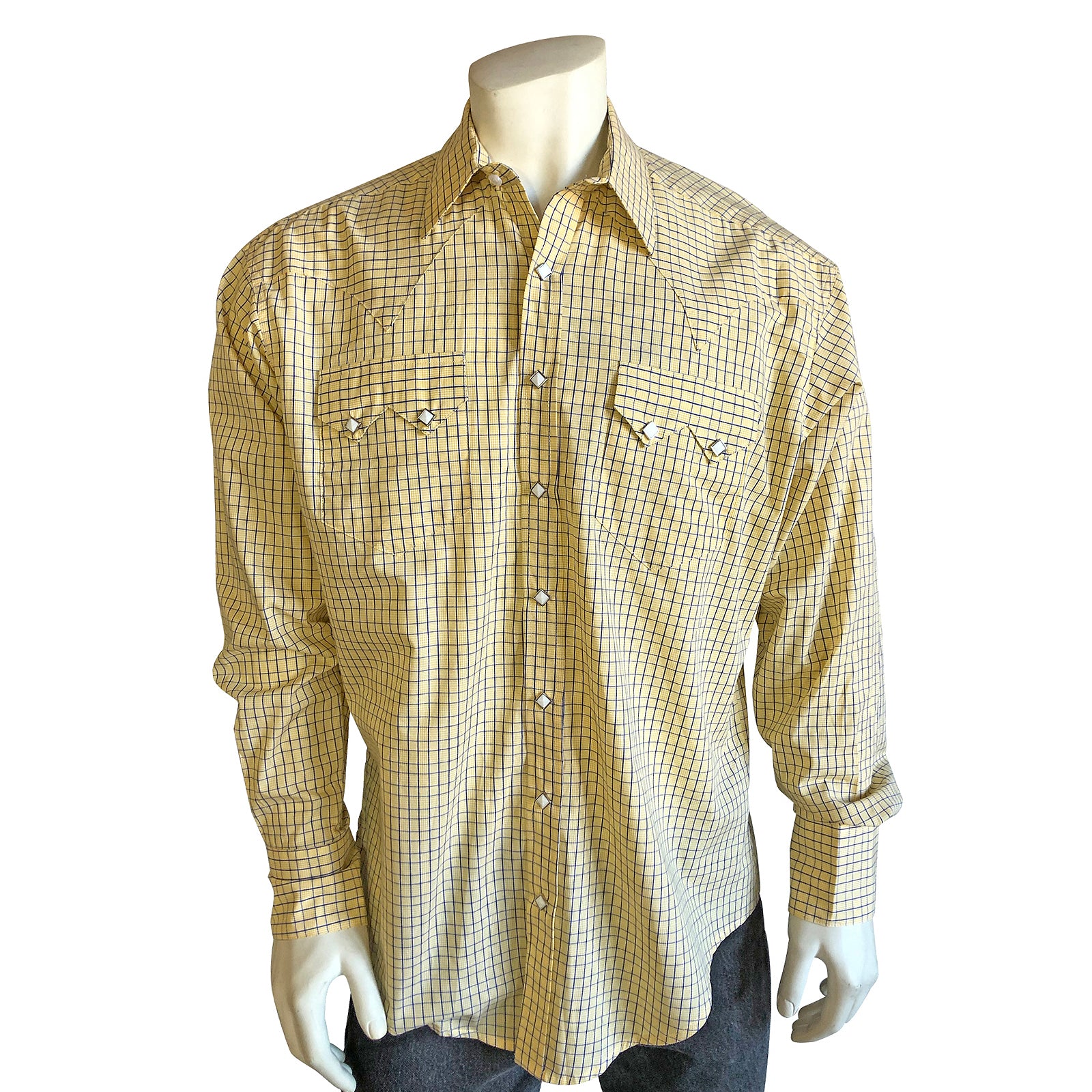 Men's Yellow Extra-Fine Pima Cotton Windowpane Plaid Western Shirt