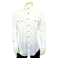 Men's Classic Pima Cotton Solid White Western Shirt with Black Snaps