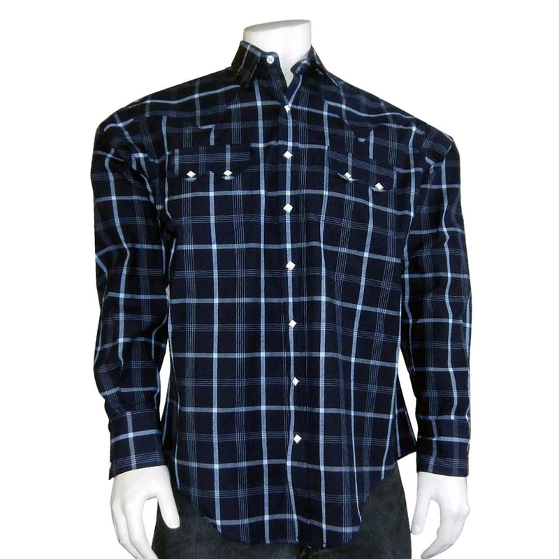 Men's Navy & Light Blue Extra-Fine Pima Cotton Windowpane Plaid Western Shirt