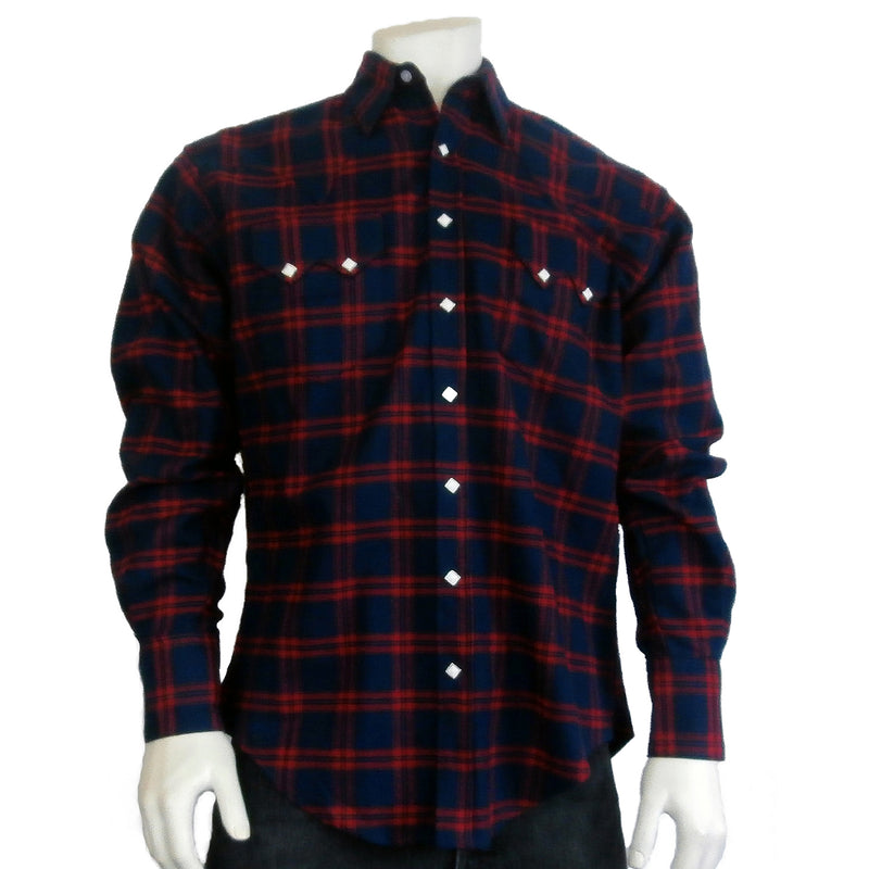 Men's Navy & Red Extra-Fine Pima Cotton Windowpane Plaid Western Shirt