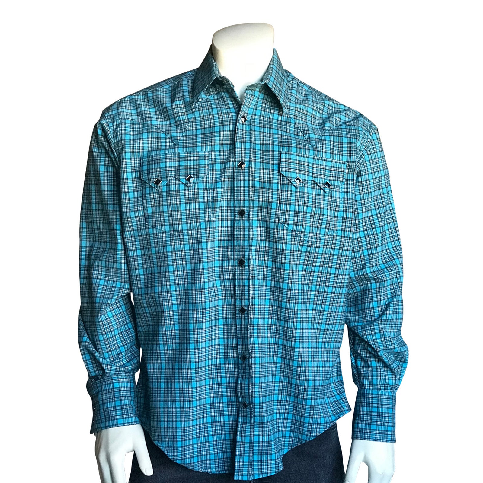Men’s Turquoise & Black Windowpane Check Western Shirt
