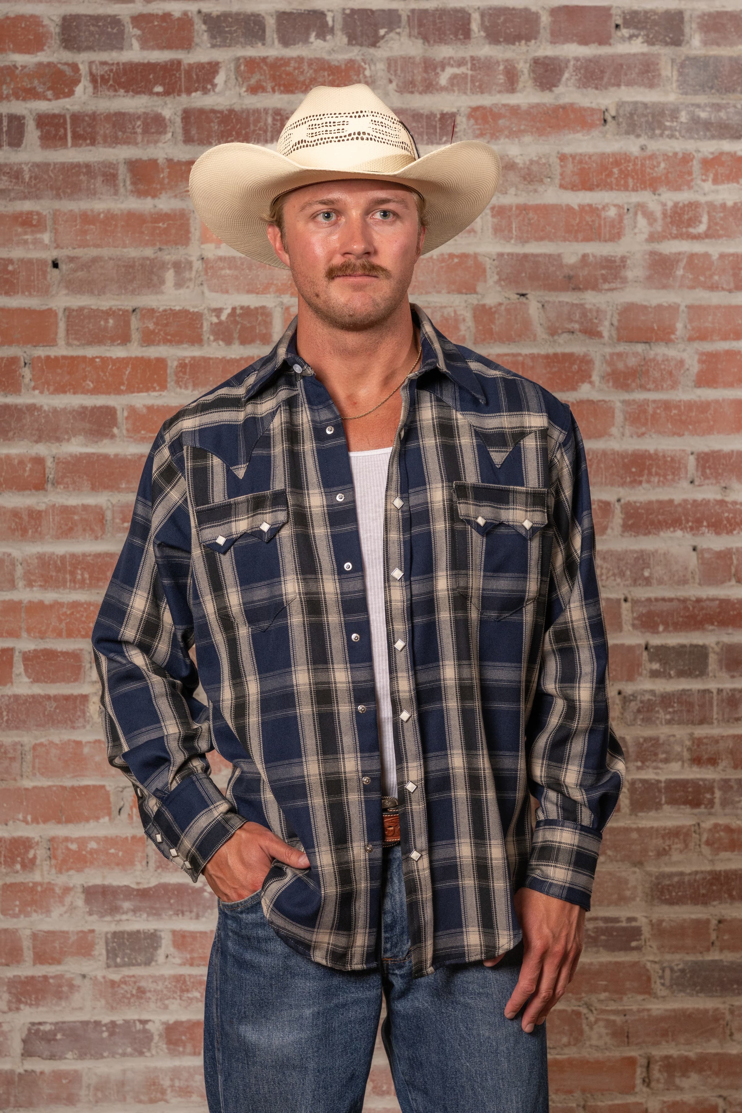 Men's Navy Fine Shadow Plaid Western Shirt