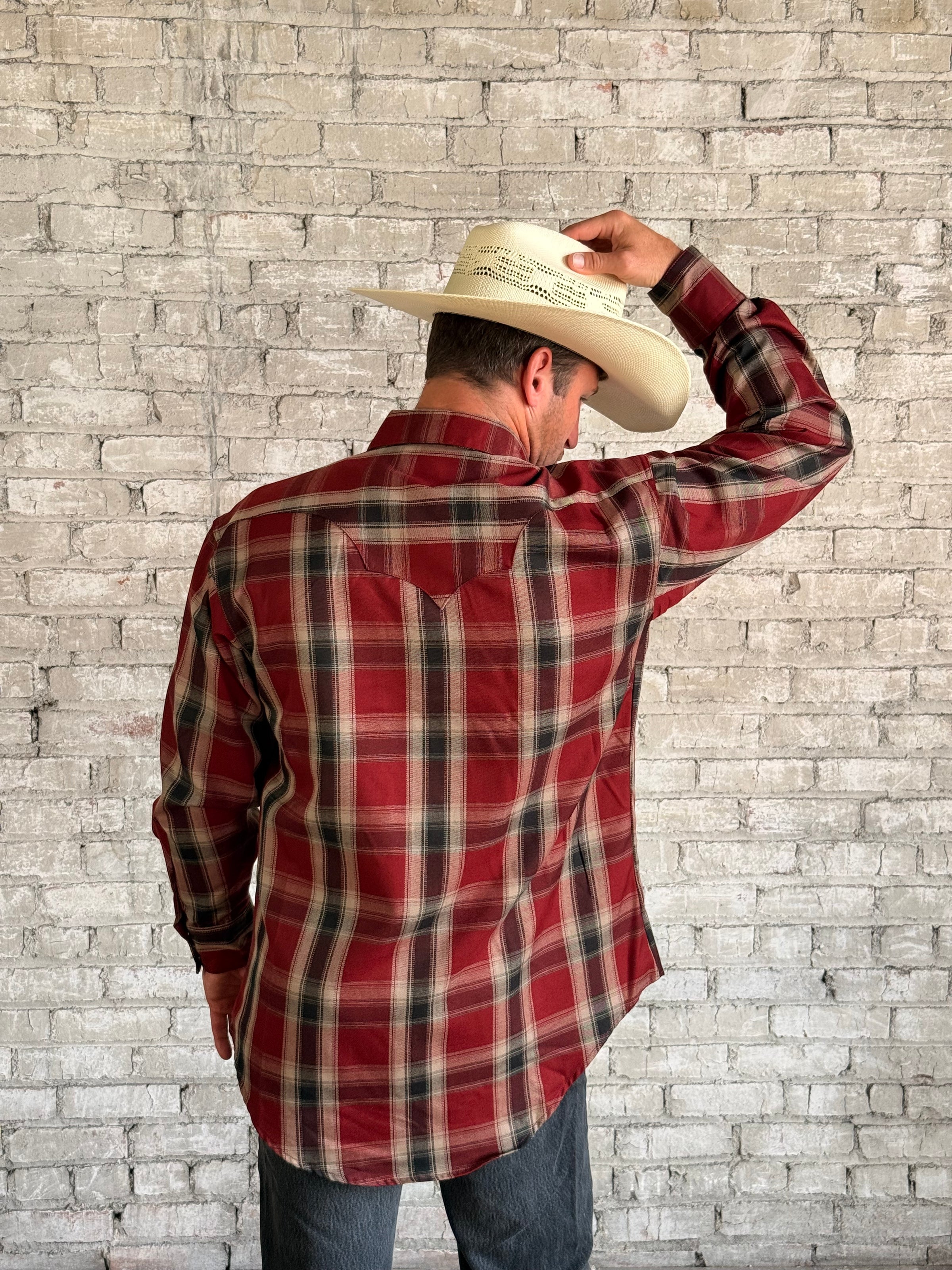 Men's Red & Navy Fine Shadow Plaid Western Shirt