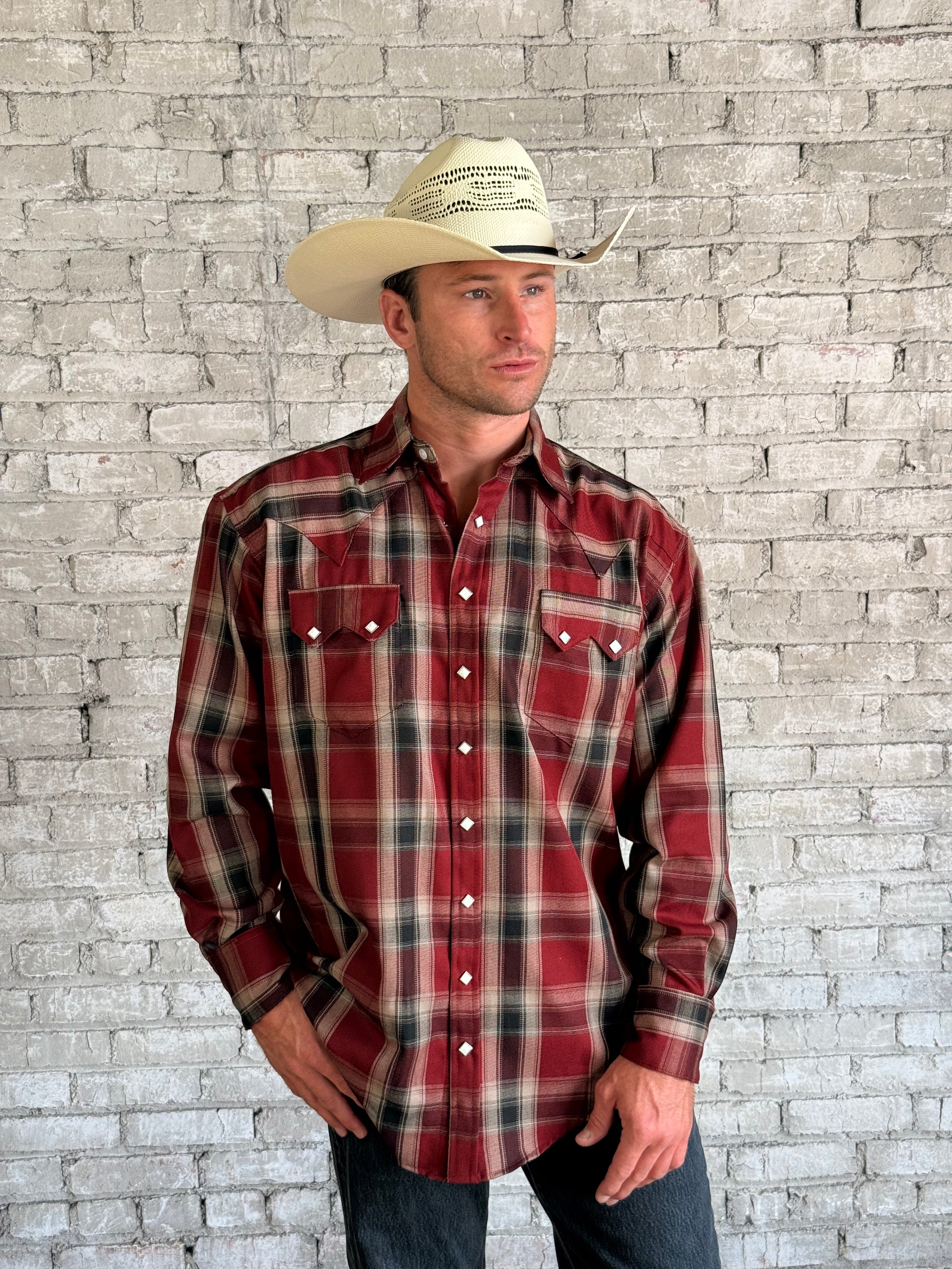 Men's Red & Navy Fine Shadow Plaid Western Shirt